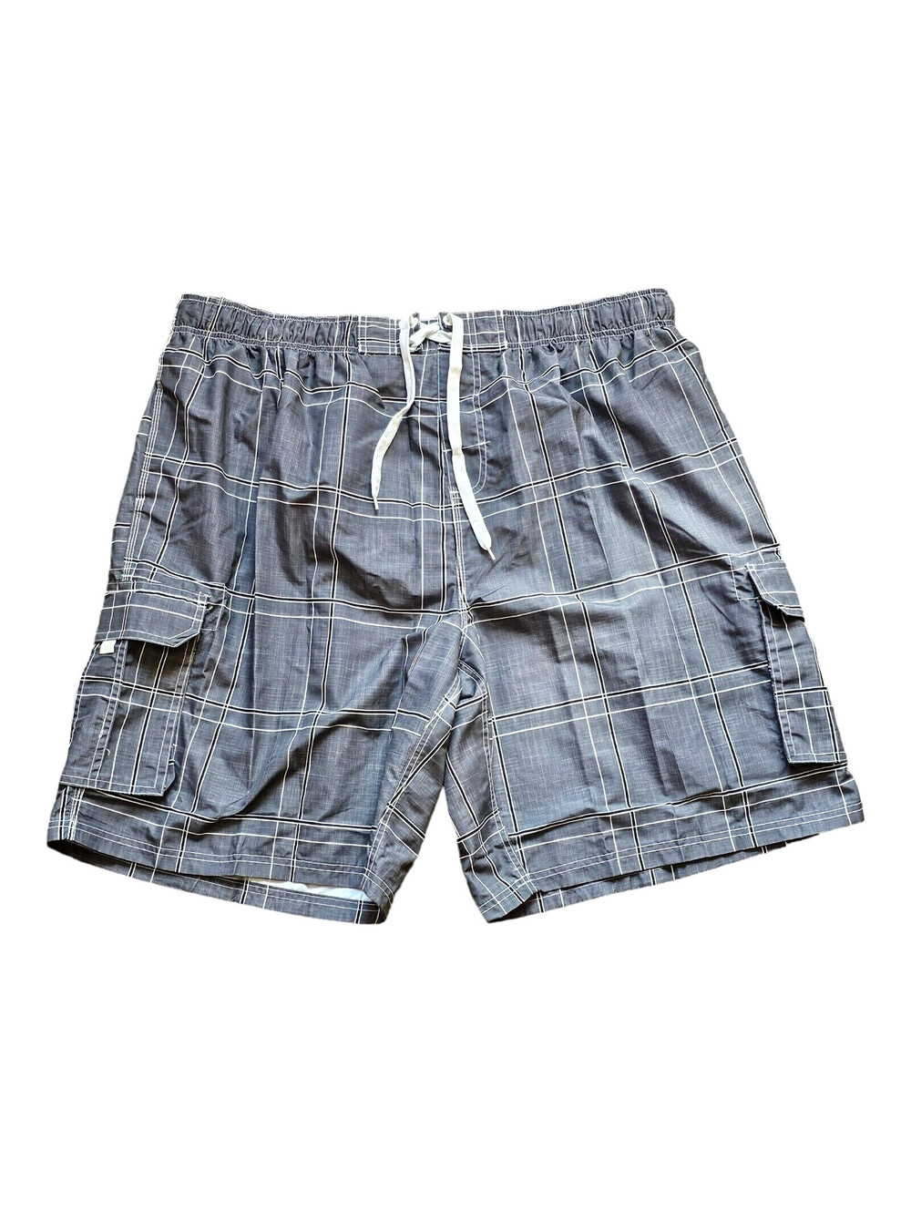 4XL Big Size Okanu Surf Trunks Mens Plaid Gray Steele and White Swim Shorts